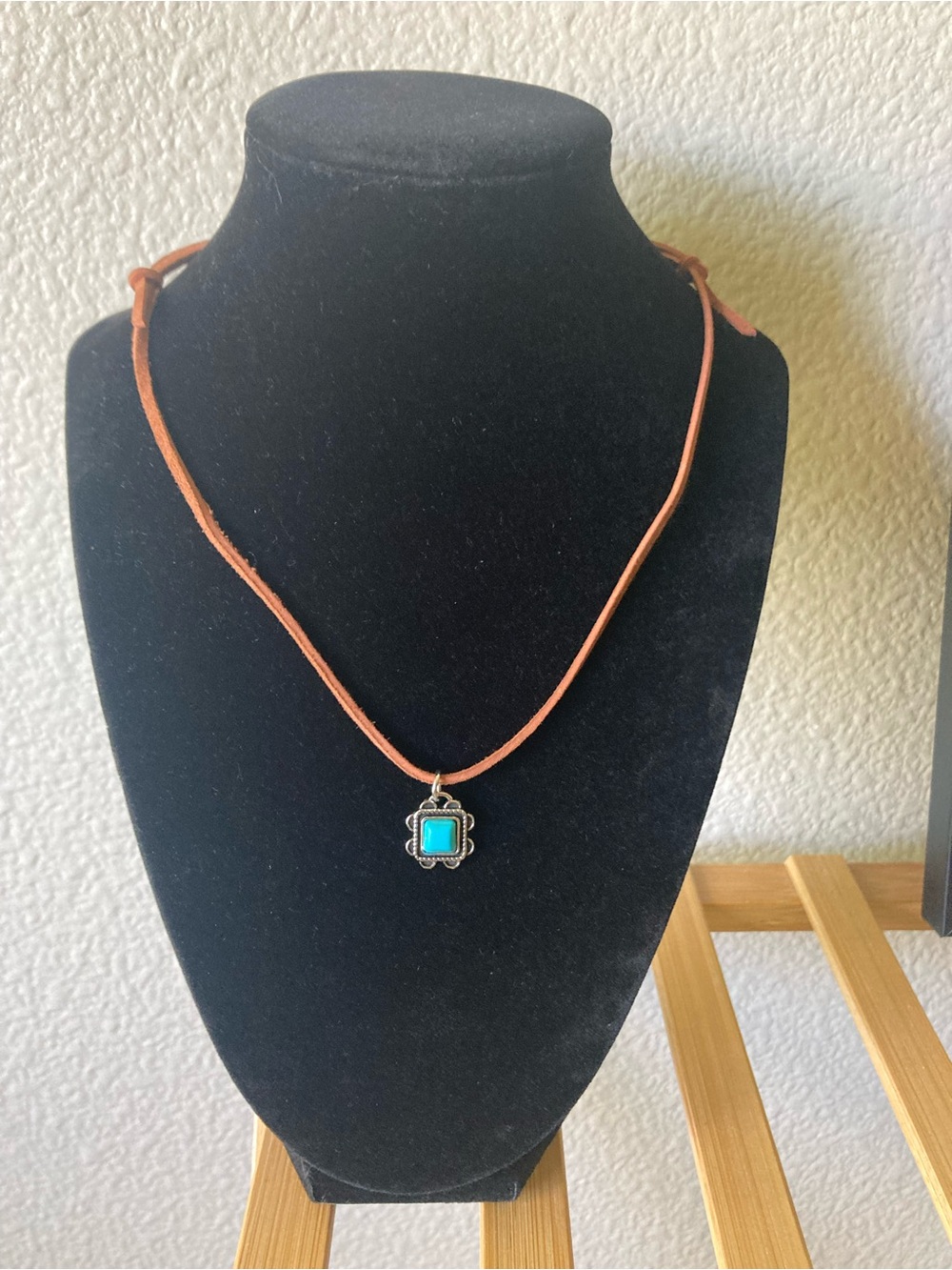 Turquoise Toned Pendant Necklace on Tan Leather Suede Cord